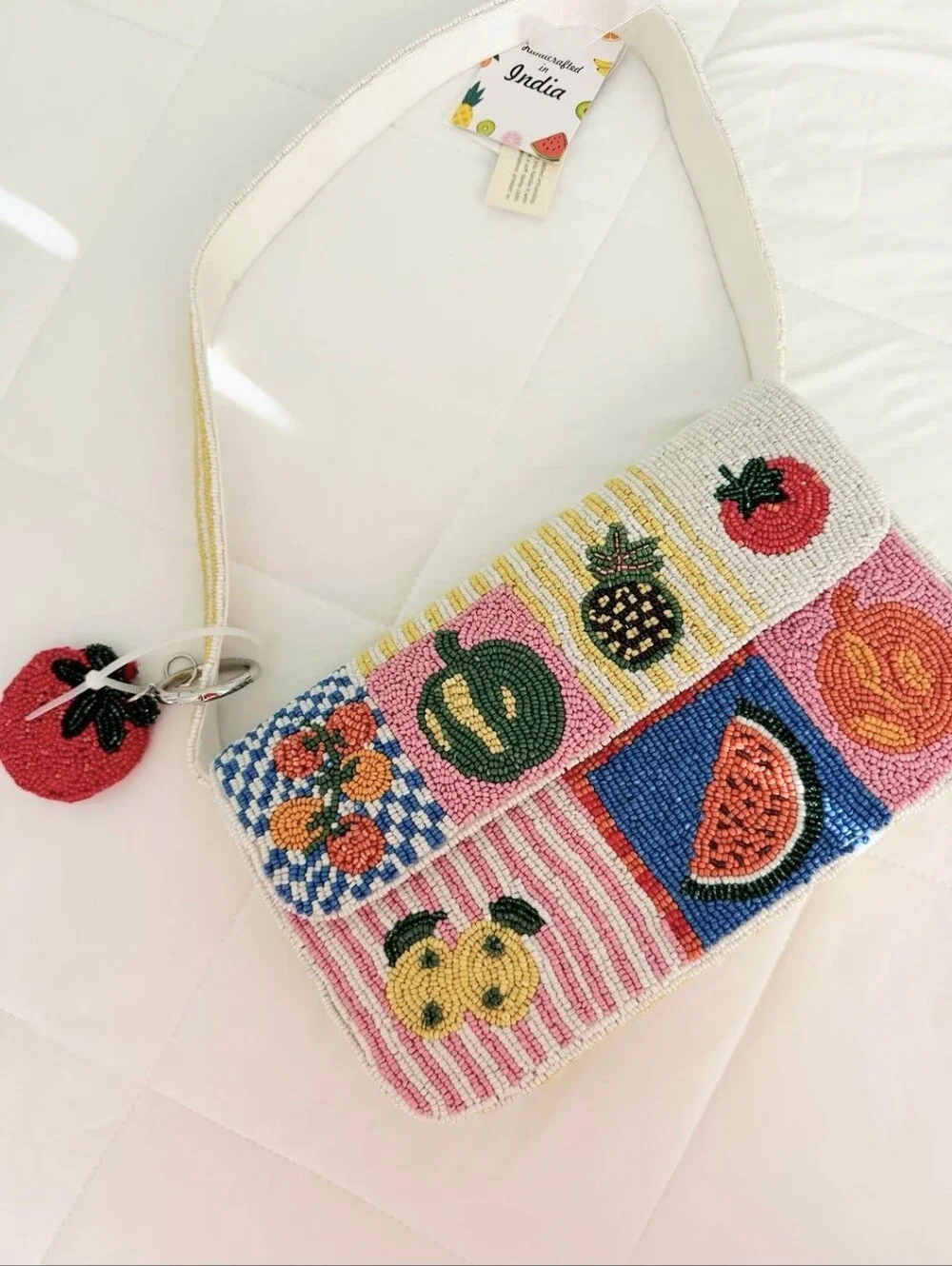 Beaded Fruit Patchwork Wristlet Clutch - Pink Multicolor